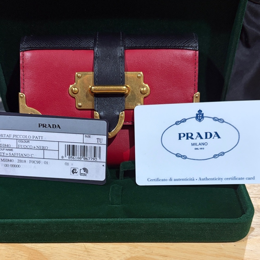 Prada Milano Red/Black Safiano Leather Bi fold Wallet with COA